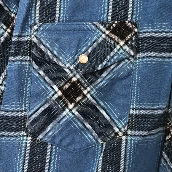 Mens Wrangler Wrancher Pearl Snap Button Shirt Blue Plaid Western Cowboy Medium - Picture 3 of 5